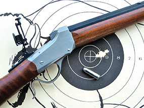 The C. Sharps Arms Low Wall shown with a five-shot group, fired at 50 yards.